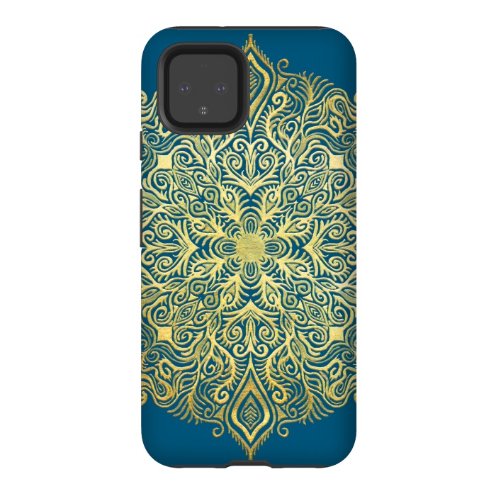 Pixel 4 StrongFit Ornate Gold Mandala on Deep Blue by Micklyn Le Feuvre