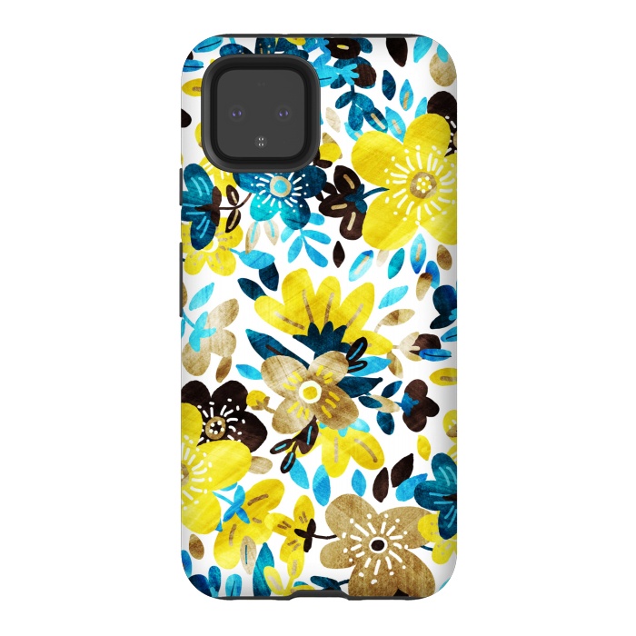 Pixel 4 StrongFit Happy Yellow & Turquoise Floral Collage by Micklyn Le Feuvre