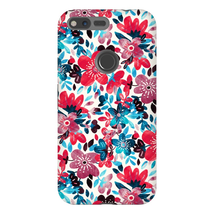 Pixel XL StrongFit Cheerful Red and Blue Floral Pattern by Micklyn Le Feuvre
