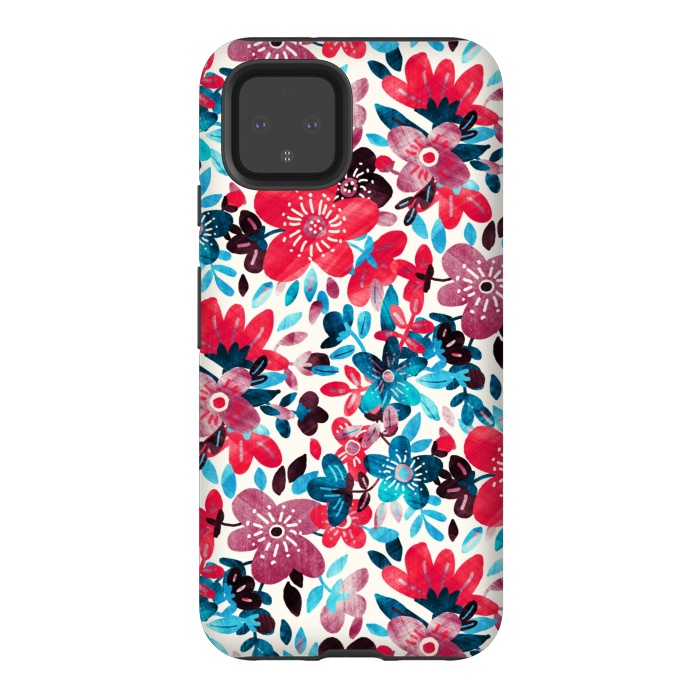 Pixel 4 StrongFit Cheerful Red and Blue Floral Pattern by Micklyn Le Feuvre