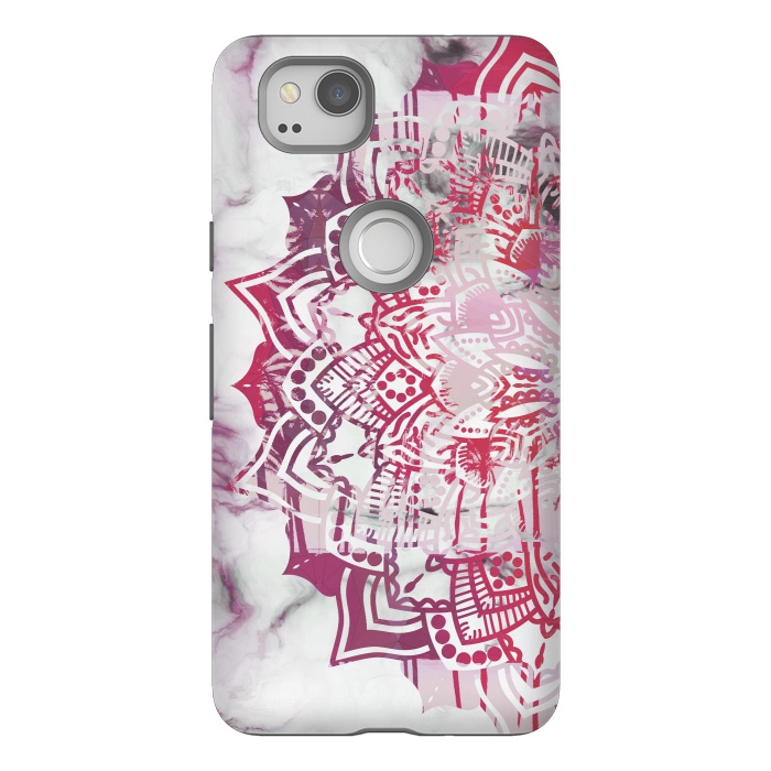 Pixel 2 StrongFit Red pink mandala digital painting on white marble by Oana 