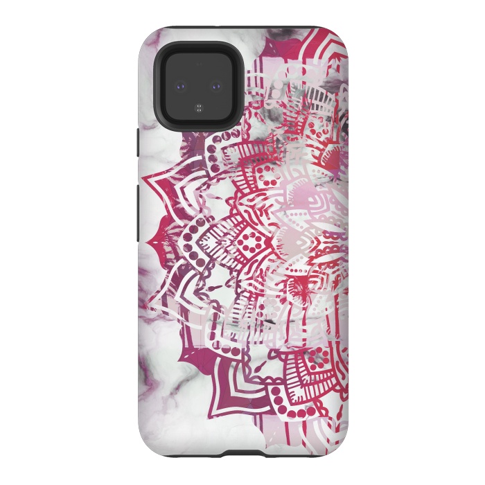 Pixel 4 StrongFit Red pink mandala digital painting on white marble by Oana 