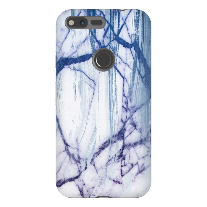 Pixel XL StrongFit White marble with blue cracks brushstrokes by Oana 
