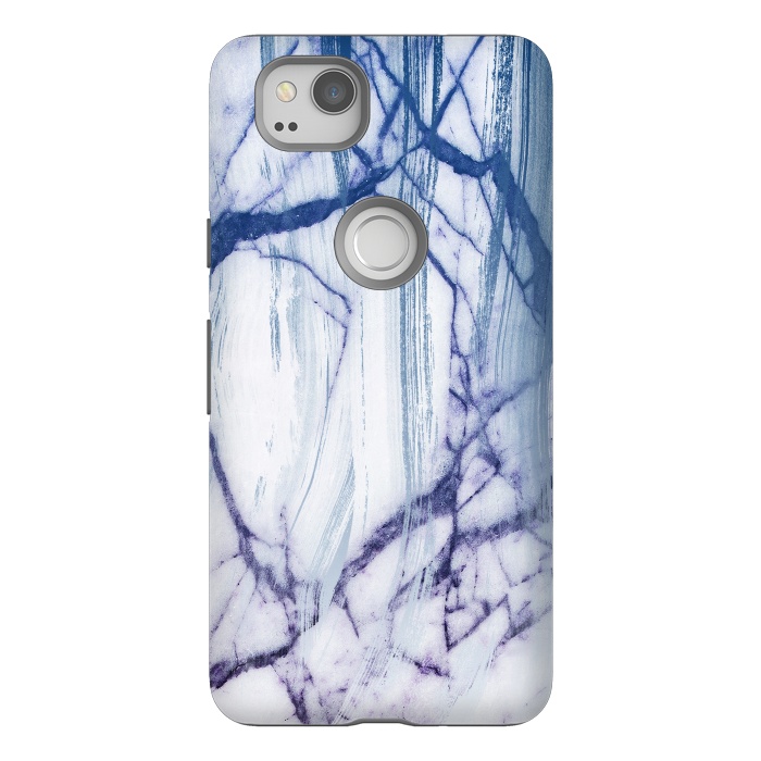 Pixel 2 StrongFit White marble with blue cracks brushstrokes by Oana 