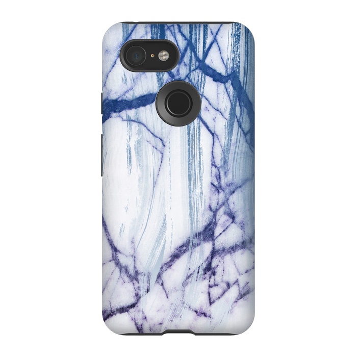 Pixel 3 StrongFit White marble with blue cracks brushstrokes by Oana 