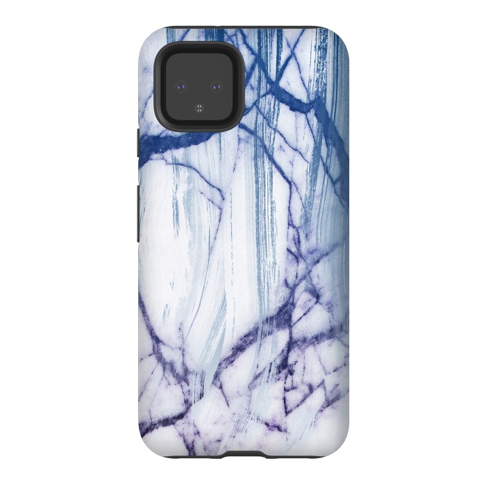 Pixel 4 StrongFit White marble with blue cracks brushstrokes by Oana 