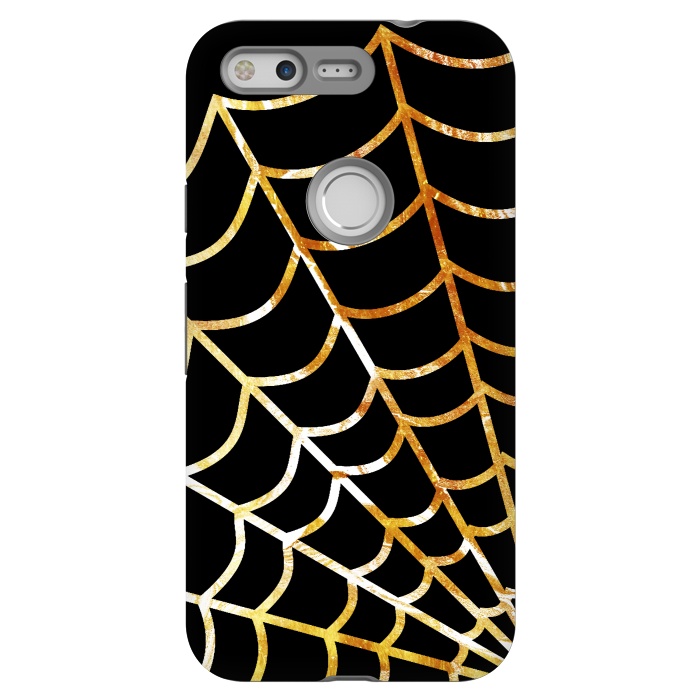 Pixel StrongFit Golden spider web on black - line art Halloween illustration by Oana 