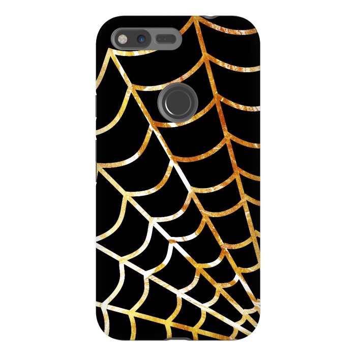 Pixel XL StrongFit Golden spider web on black - line art Halloween illustration by Oana 