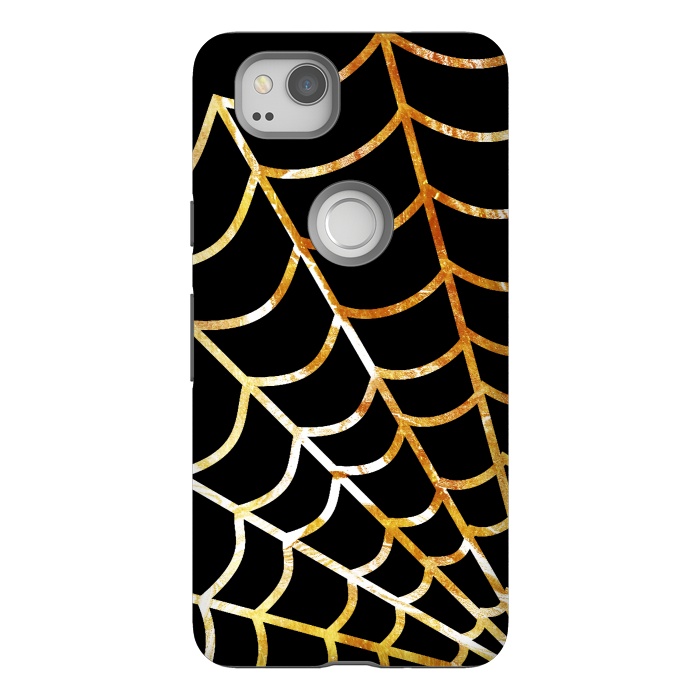 Pixel 2 StrongFit Golden spider web on black - line art Halloween illustration by Oana 