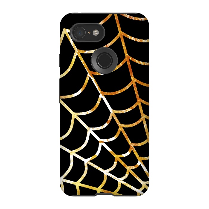 Pixel 3 StrongFit Golden spider web on black - line art Halloween illustration by Oana 