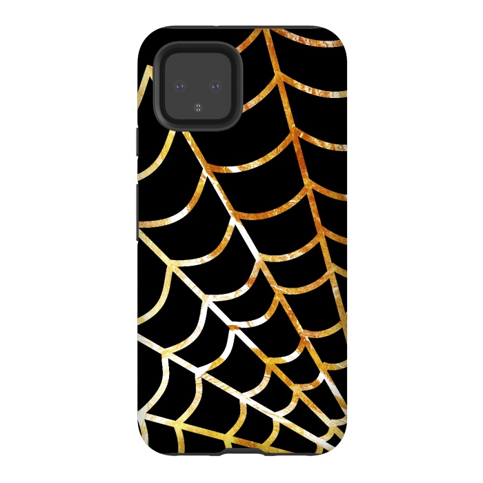 Pixel 4 StrongFit Golden spider web on black - line art Halloween illustration by Oana 