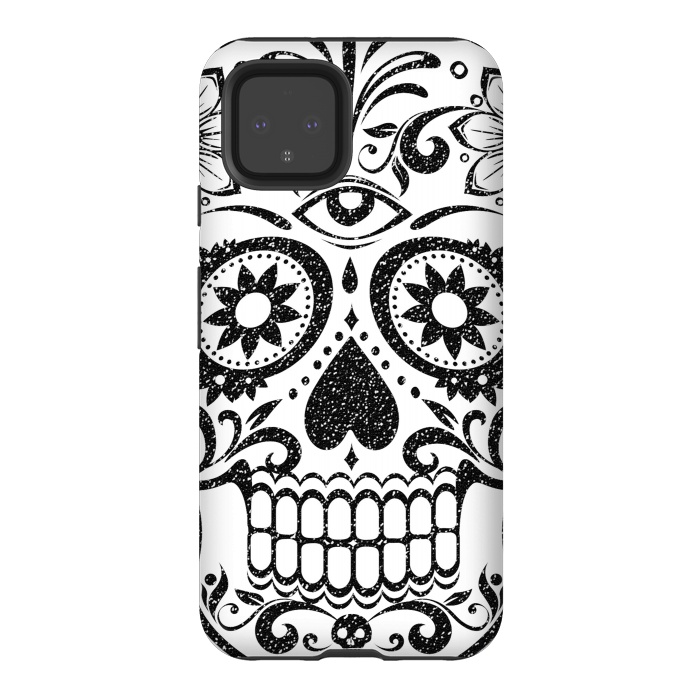 Pixel 4 StrongFit Black glitter decorated floral sugar skull - Halloween by Oana 