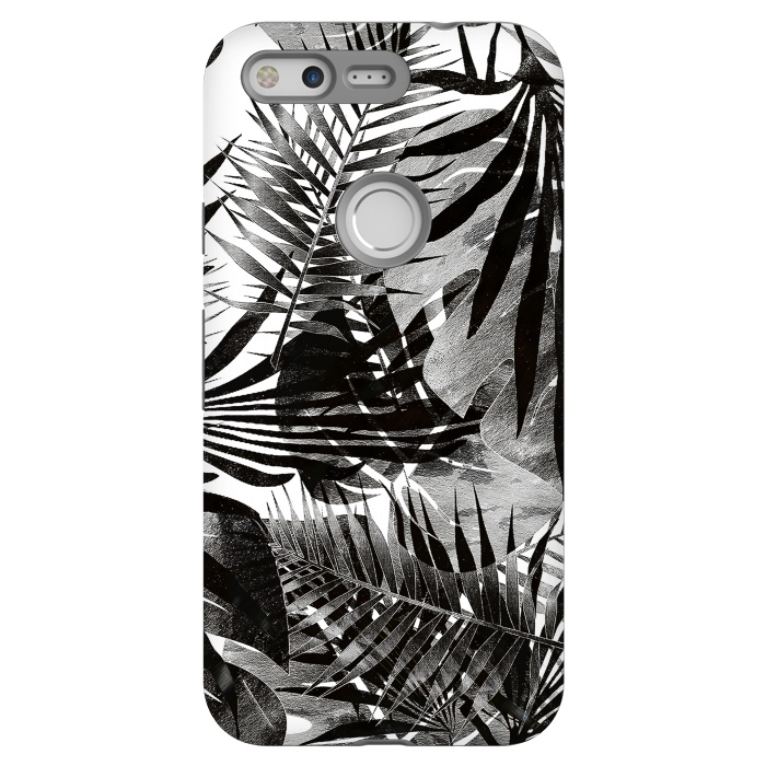 Pixel StrongFit Black ink tropical palm and ficus leaves monochrome jungle by Oana 