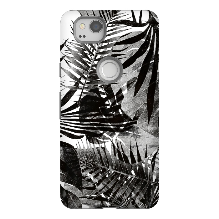 Pixel 2 StrongFit Black ink tropical palm and ficus leaves monochrome jungle by Oana 