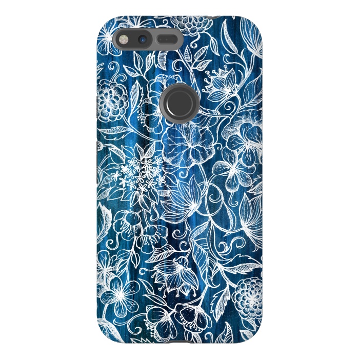 Pixel XL StrongFit In Her Garden - white floral drawing on blue by Micklyn Le Feuvre