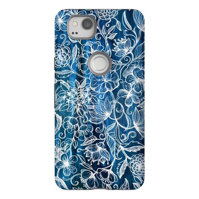 Pixel 2 StrongFit In Her Garden - white floral drawing on blue by Micklyn Le Feuvre