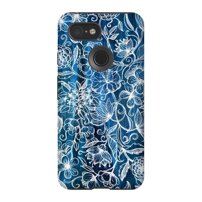 Pixel 3 StrongFit In Her Garden - white floral drawing on blue by Micklyn Le Feuvre