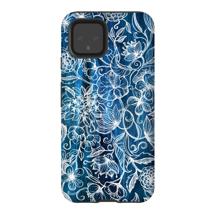 Pixel 4 StrongFit In Her Garden - white floral drawing on blue by Micklyn Le Feuvre