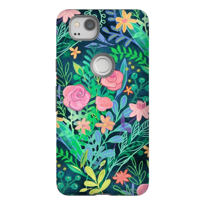 Pixel 2 StrongFit Bright Floral Posie on Dark Green by Micklyn Le Feuvre