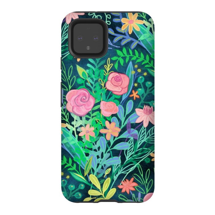 Pixel 4 StrongFit Bright Floral Posie on Dark Green by Micklyn Le Feuvre