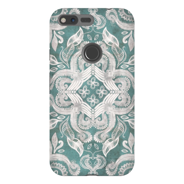 Pixel XL StrongFit Dirty Denim Boho Pattern in Teal and Grey by Micklyn Le Feuvre