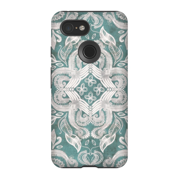 Pixel 3 StrongFit Dirty Denim Boho Pattern in Teal and Grey by Micklyn Le Feuvre
