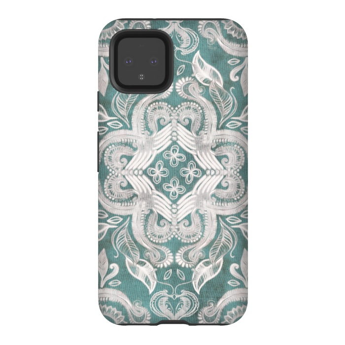 Pixel 4 StrongFit Dirty Denim Boho Pattern in Teal and Grey by Micklyn Le Feuvre