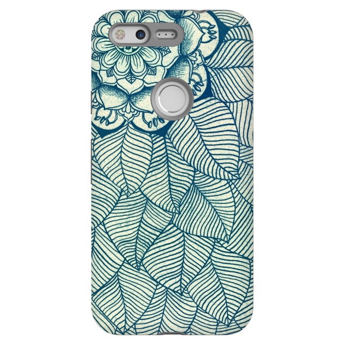 Pixel StrongFit Emerald Green, Navy & Cream Floral & Leaf doodle by Micklyn Le Feuvre
