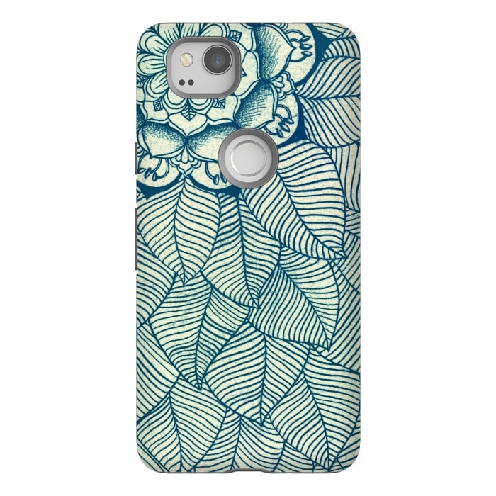 Pixel 2 StrongFit Emerald Green, Navy & Cream Floral & Leaf doodle by Micklyn Le Feuvre