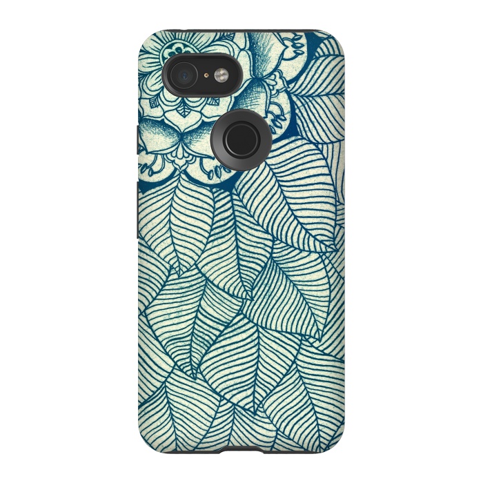 Pixel 3 StrongFit Emerald Green, Navy & Cream Floral & Leaf doodle by Micklyn Le Feuvre