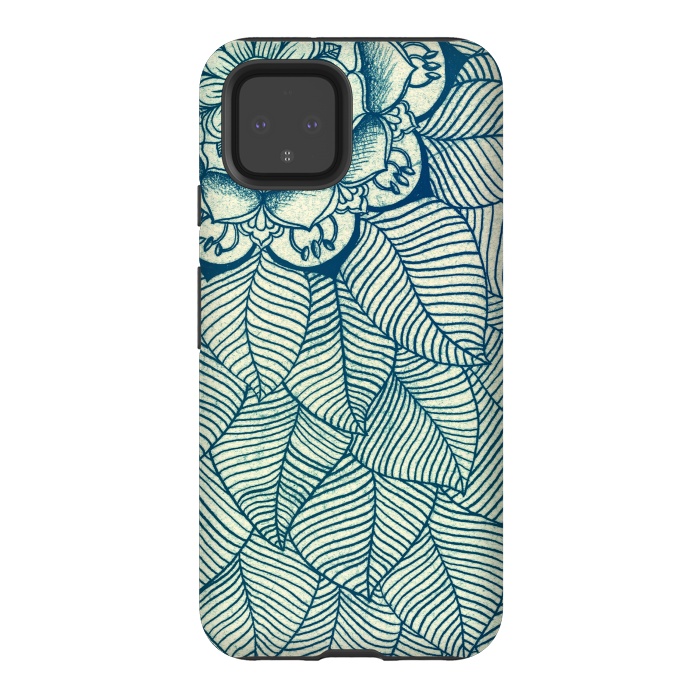 Pixel 4 StrongFit Emerald Green, Navy & Cream Floral & Leaf doodle by Micklyn Le Feuvre