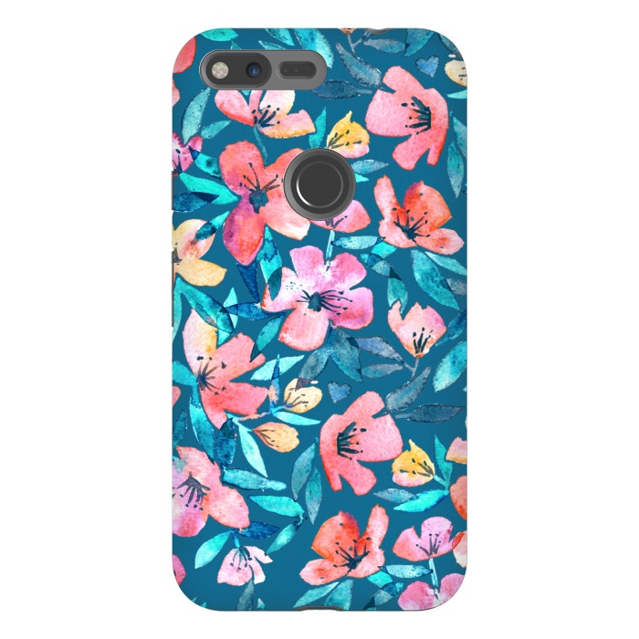 Pixel XL StrongFit Fresh Watercolor Floral on Teal Blue by Micklyn Le Feuvre