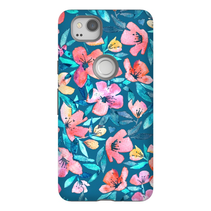 Pixel 2 StrongFit Fresh Watercolor Floral on Teal Blue by Micklyn Le Feuvre