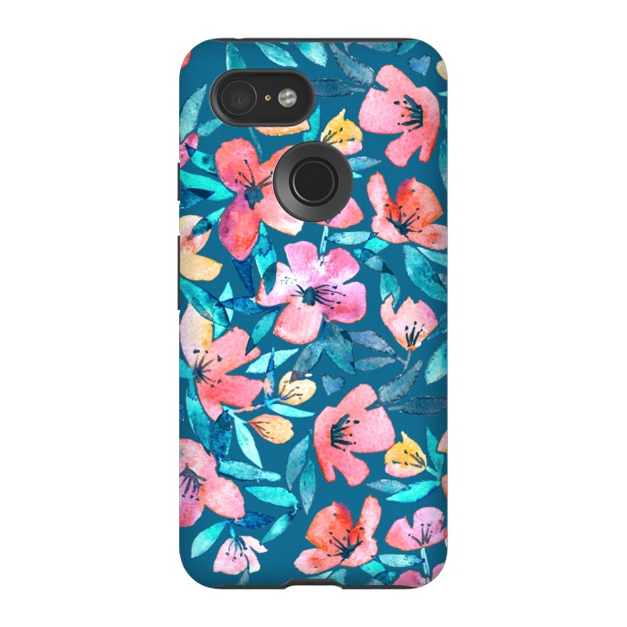 Pixel 3 StrongFit Fresh Watercolor Floral on Teal Blue by Micklyn Le Feuvre