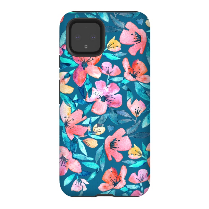 Pixel 4 StrongFit Fresh Watercolor Floral on Teal Blue by Micklyn Le Feuvre