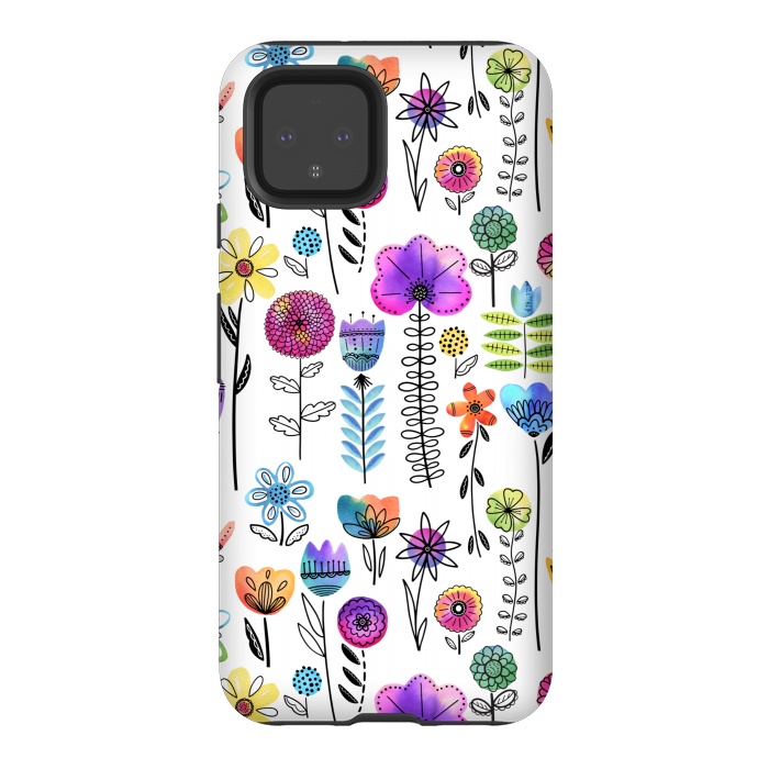 Pixel 4 StrongFit Bright Watercolor and Line Art Flowers by Noonday Design