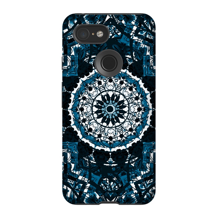 Pixel 3 StrongFit Black blue ethnic geometric mandala by Oana 