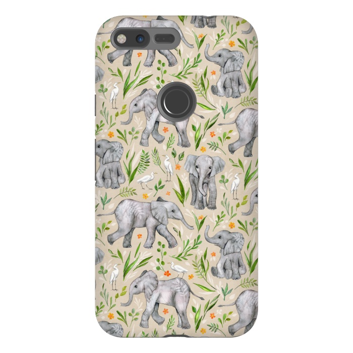 Pixel XL StrongFit Little Watercolor Elephants and Egrets on Neutral Cream by Micklyn Le Feuvre