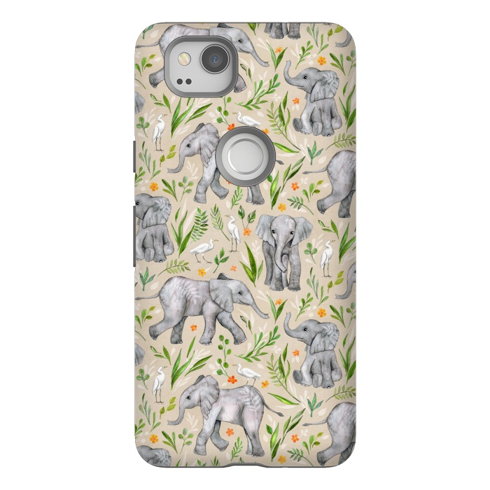 Pixel 2 StrongFit Little Watercolor Elephants and Egrets on Neutral Cream by Micklyn Le Feuvre