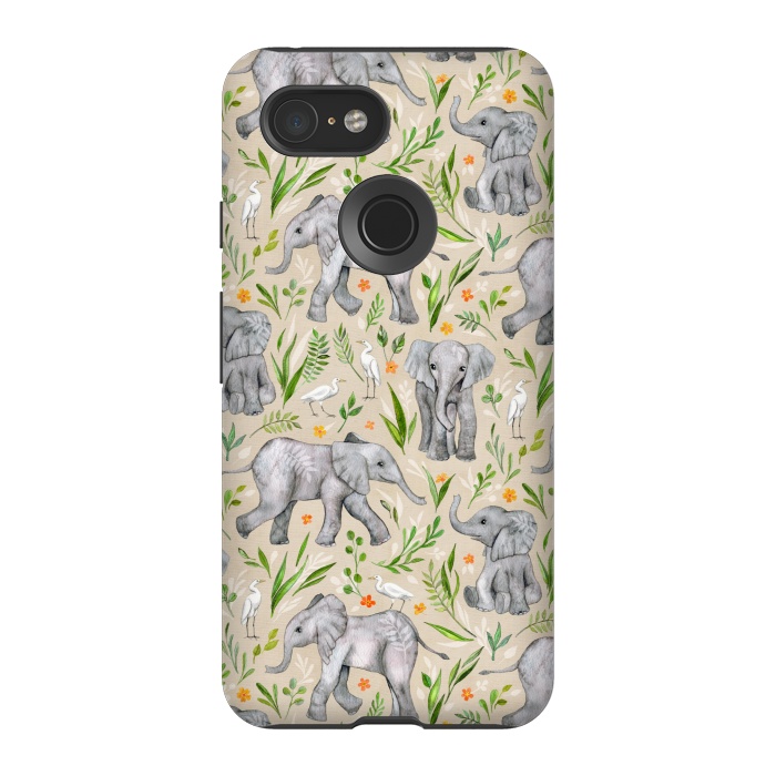 Pixel 3 StrongFit Little Watercolor Elephants and Egrets on Neutral Cream by Micklyn Le Feuvre