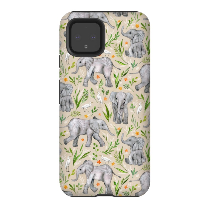 Pixel 4 StrongFit Little Watercolor Elephants and Egrets on Neutral Cream by Micklyn Le Feuvre