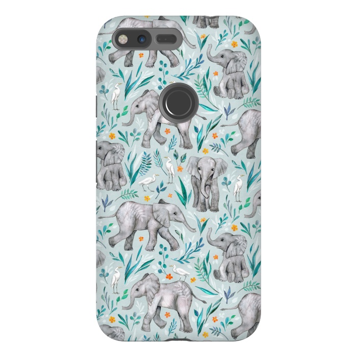 Pixel XL StrongFit Little Watercolor Elephants and Egrets on Light Blue by Micklyn Le Feuvre