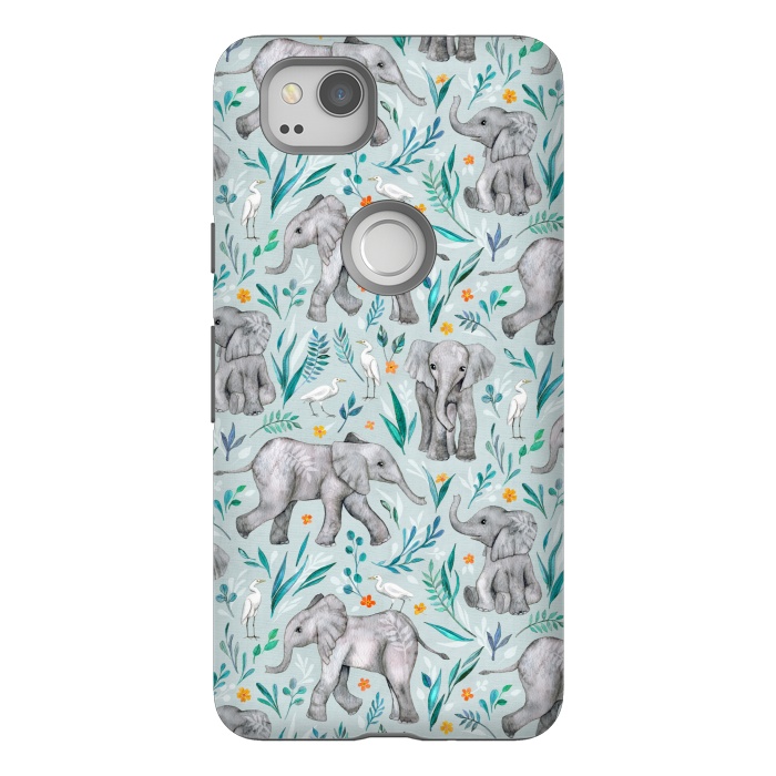 Pixel 2 StrongFit Little Watercolor Elephants and Egrets on Light Blue by Micklyn Le Feuvre