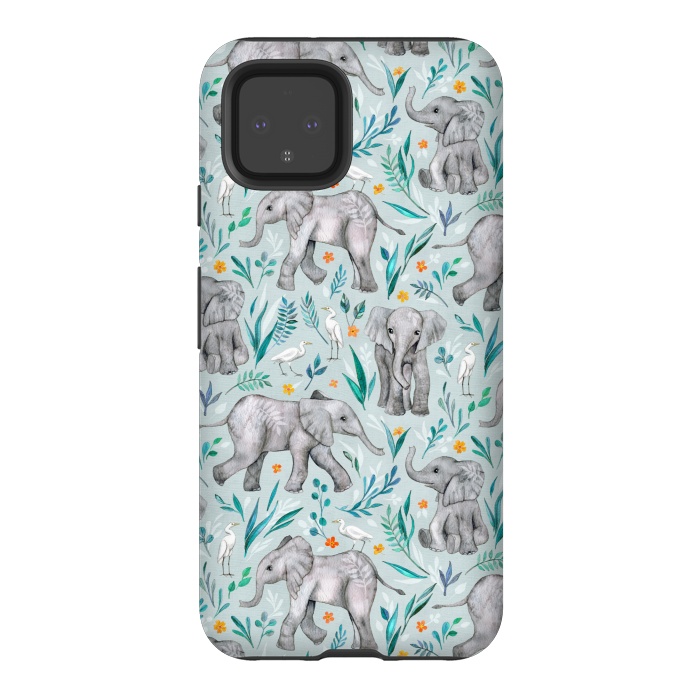Pixel 4 StrongFit Little Watercolor Elephants and Egrets on Light Blue by Micklyn Le Feuvre