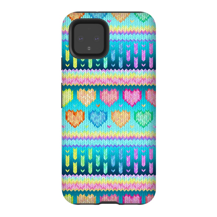 Pixel 4 StrongFit Cozy Knit with Rainbow Hearts on Teal Blue by Micklyn Le Feuvre
