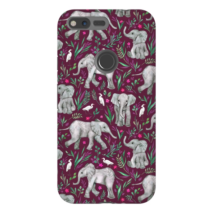 Pixel XL StrongFit Little Watercolor Elephants and Egrets on Burgundy Red by Micklyn Le Feuvre