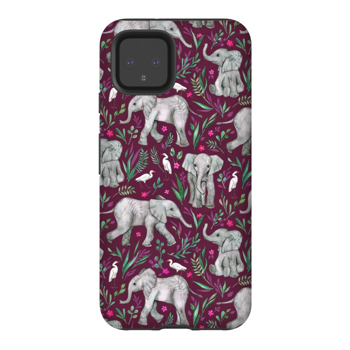 Pixel 4 StrongFit Little Watercolor Elephants and Egrets on Burgundy Red by Micklyn Le Feuvre