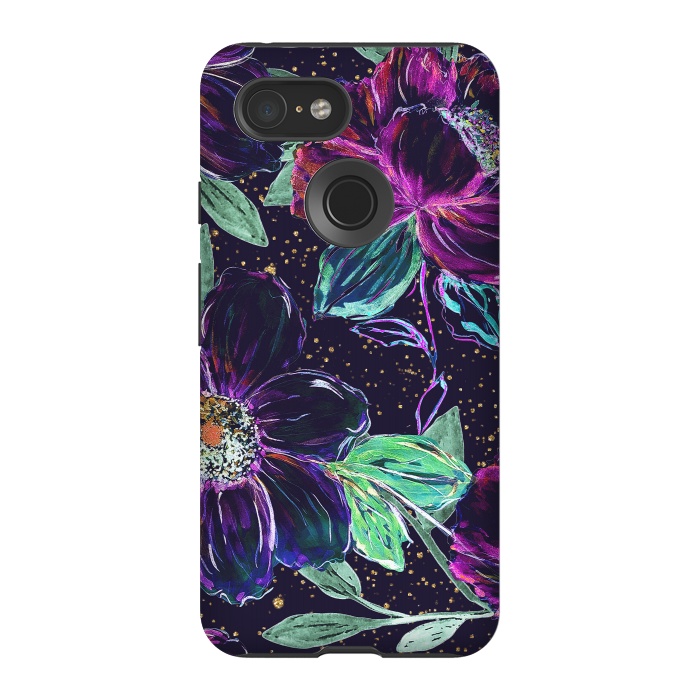 Pixel 3 StrongFit Whimsical hand paint floral and golden confetti design by InovArts