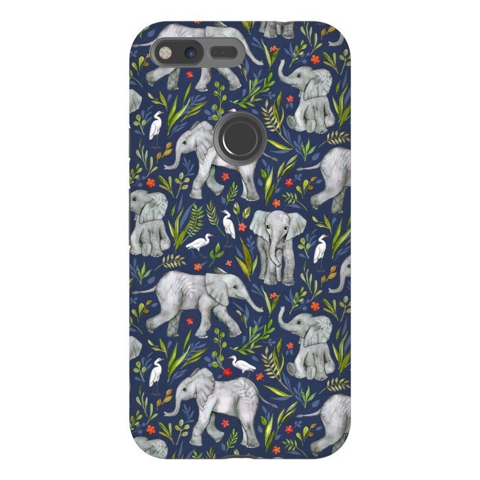 Pixel XL StrongFit Little Watercolor Elephants and Egrets on Navy Blue by Micklyn Le Feuvre