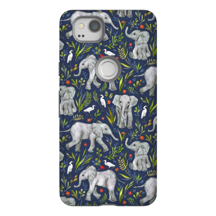 Pixel 2 StrongFit Little Watercolor Elephants and Egrets on Navy Blue by Micklyn Le Feuvre